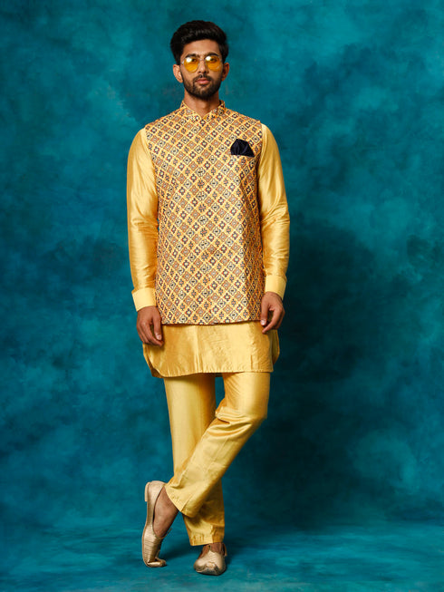 Vastramay Men's Mustard Geometric Printed Nehru Jacket With Curved Kurta And Pant Set